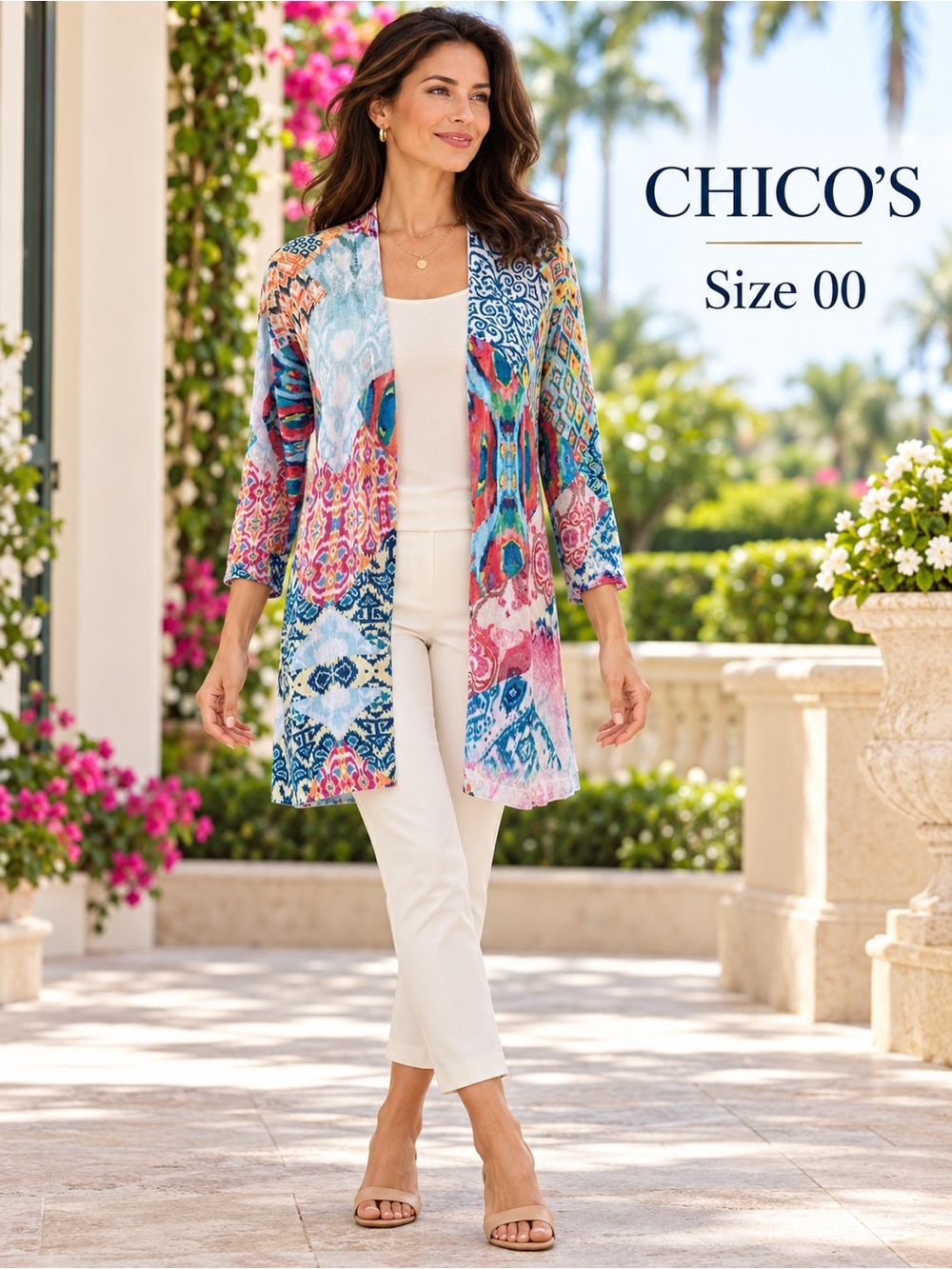 Chico’s Multicolor Print Open Front Long Cardigan Size 00